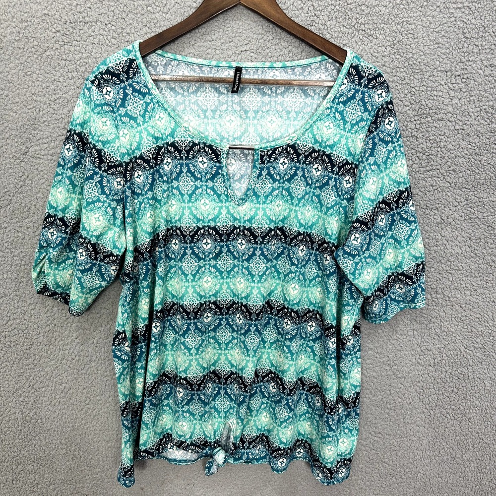 Bleeker & McDougal Women 2X Blue Geometric Medallion Top Tie Waist Boho Festival